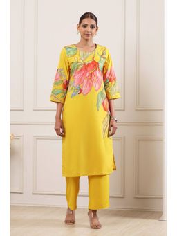 Biba - Yellow Floral Printed Round Neck Kurta With Palazzo