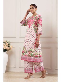 Biba - Pink Floral Printed Round Neck Kurta With Palazzo