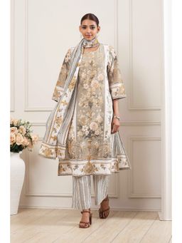 Biba - Green Floral Printed Round Neck Kurta Palazzo With Dupatta