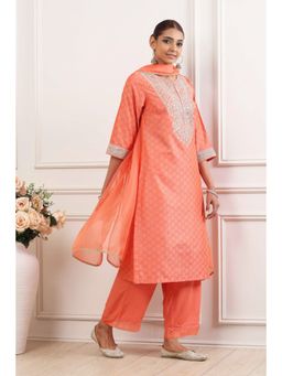 Biba - Orange Embroidered Round Neck Kurta Palazzo With Dupatta