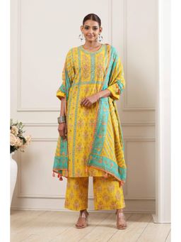 Biba - Yellow Floral Printed Round Neck Kurta Palazzo With Dupatta