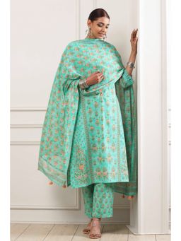 Biba - Green Printed Round Neck Kurta Pant With Dupatta