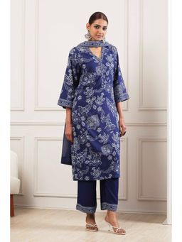 Biba - Blue Floral Printed V-Neck Kurta Palazzo With Dupatta