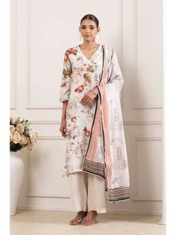 Biba - Beige Floral Printed V-Neck Kurta Palazzo With Dupatta