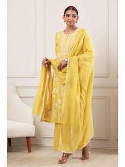 Biba - Yellow Embroidered Round Neck Kurta Inner And Palazzo With Dupatta