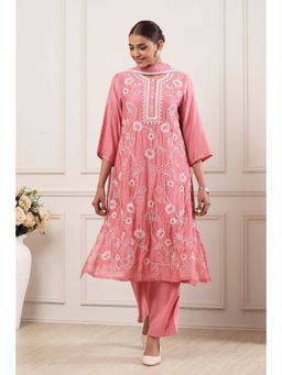 Biba - Pink Floral Round Neck Kurta Inner And Palazzo With Dupatta