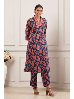 Biba - Blue Floral Printed V-Neck Kurta With Pant
