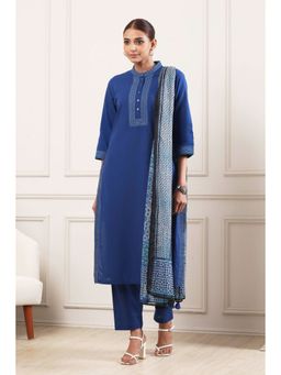 Biba - Blue Solid/Plain Mandarin Neck Kurta Pant With Dupatta
