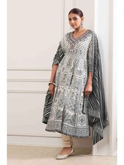 Biba - White Printed V-Neck Kurta Churidar With Dupatta