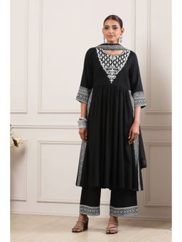 Biba - Black Embroidered Round Neck Kurta Palazzo With Dupatta
