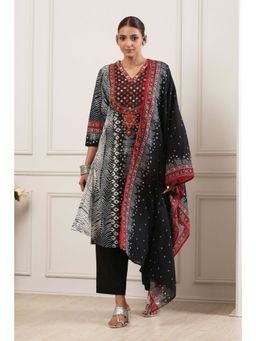 Biba - Black Embroidered V-Neck Kurta Palazzo With Dupatta
