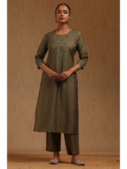 Soch - Olive Floral Round Neck Kurta with Pant