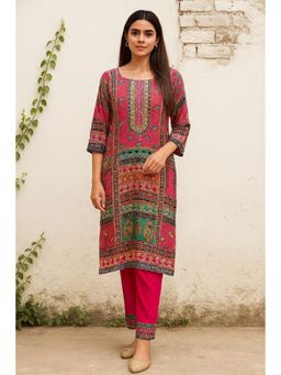 Autumnlane - Pink Printed Round Neck Kurta Pant With Dupatta