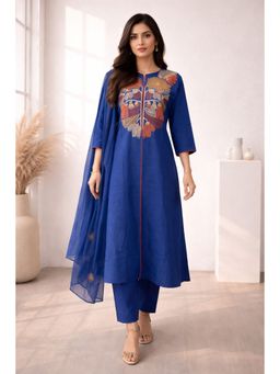 Autumnlane - Blue Solid/Plain Round Neck Kurta Pant With Dupatta