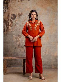 Autumnlane - Orange Embroidered Collar Neck Co-ord Set