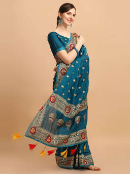 Amrutam Fab - Womens Embroidered Barfi Blooming Blue Saree With Unstitched Blouse Piece