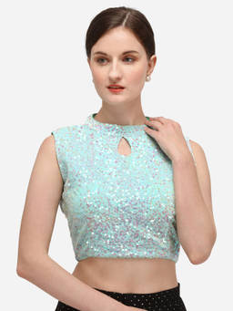 Amrutam Fab - Womens Sequence Work Sky Blue Velvet Stiched Blouse With Collar Neck
