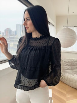 Outzidr - Black Party Wear Textured Sheer Blouse
