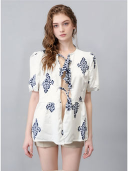 Outzidr - White Printed Front Tie Up Peplum Vaca Top