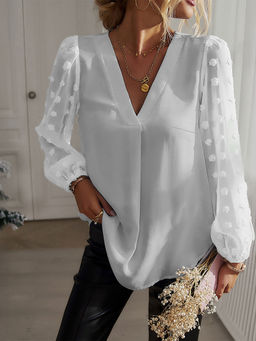 Outzidr - Casual White V Neck Blouse with Sheer Sleeves