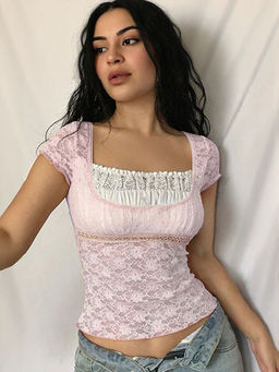 Outzidr - Pink Lace Fitted Party Wear Top