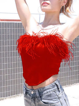Outzidr - Red Feather Fitted Crop Party Wear Top