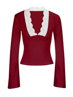 Outzidr - Pink V Neck Lace Party Wear Top Bell Sleeve