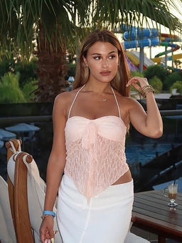 Outzidr - Pink Lace Front Knot Party Wear Top