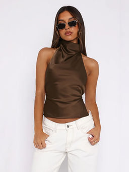 Outzidr - Brown Cowl Neck Back Straps Vaca Top