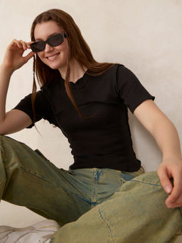 Outzidr - Casual Black Stitch Detail Knit Top