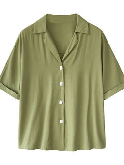 Outzidr - Street Green Fold Up Sleeve Solid Shirt