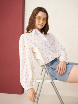 Outzidr - Casual White Balloon Sleeve Printed Cropped Shirt