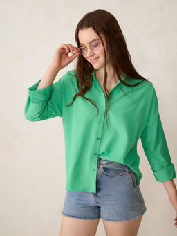 Outzidr - Casual Green Oversized High Low Shirt