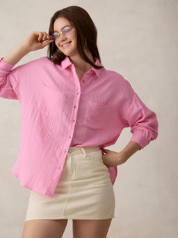 Outzidr - Casual Pink Double Pocket Boxy Shirt