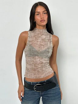 Outzidr - Khaki Sheer Lace Party Wear Tank Top