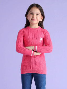 U.S. POLO ASSN. - Girls Cable Knit Sweater Pink
