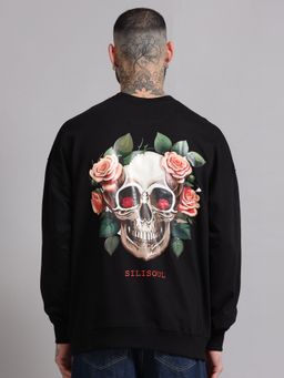 SILISOUL - Men Black Oversized Full Sleeves Graphic Sweatshirt