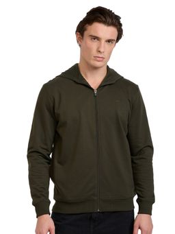 Park Avenue - Dark Green Slim Fit Pattern Solid Full Sleeve Hooded Sweatshirt