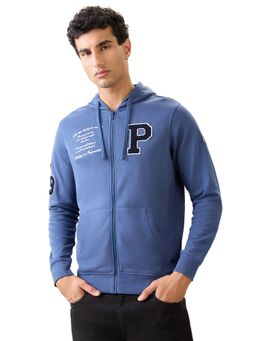 Parx - Dark Blue Regular Fit Pattern Graphic Print Full Sleeve Hooded Sweatshirt