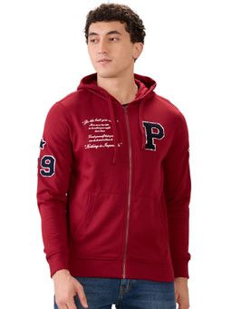 Parx - Dark Maroon Regular Fit Pattern Graphic Print Full Sleeve Hooded Sweatshirt