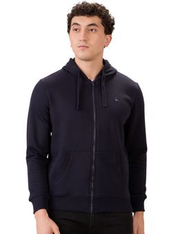 Parx - Dark Blue Regular Fit Pattern Solid Full Sleeve Hooded Sweatshirt