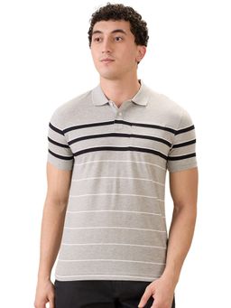 Parx - Regular Fit Light Grey Cotton Blend Striped Polo Neck T-Shirt
