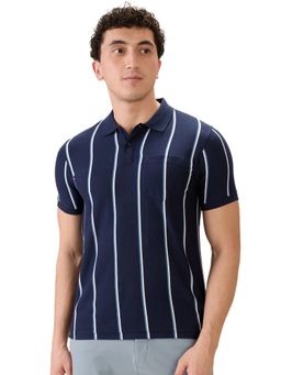 Parx - Regular Fit Dark Blue Cotton Blend Striped Polo Neck T-Shirt