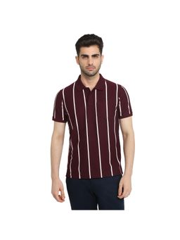 Parx - Regular Fit Dark Maroon Cotton Blend Striped Polo Neck T-Shirt