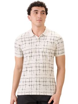 Parx - Men Regular Fit Beige Cotton Blend Checked Polo Neck T-Shirt