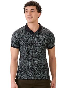 Parx - Men Regular Fit Black Cotton Blend Floral Polo Neck T-Shirt