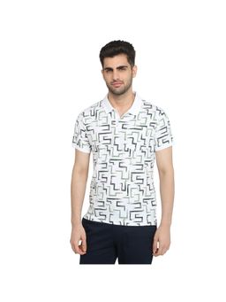 Parx - Men Regular Fit White Cotton Blend Geometric Polo Neck T-Shirt