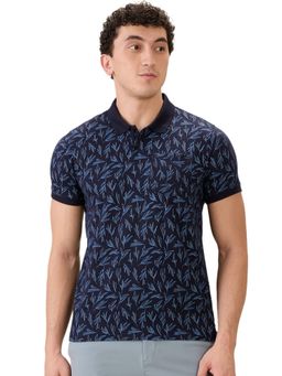 Parx - Men Regular Fit Dark Blue Cotton Blend Printed Polo Neck T-Shirt