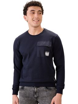 Parx - Dark Blue Regular Fit Pattern Solid Full Sleeve Sweatshirt
