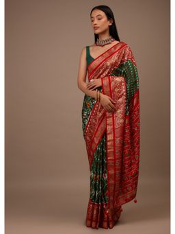 KALKI FASHION - Bottle Green Saree In Silk Patola and Foil Print with Unstitched Blouse